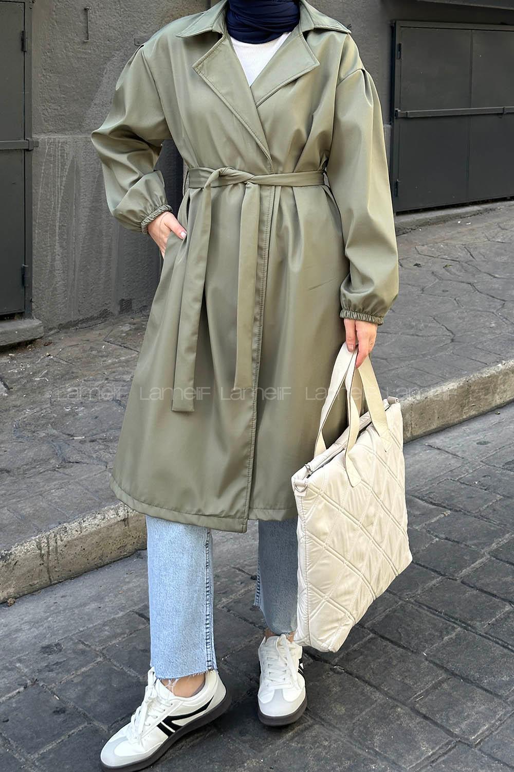 Lamelif  Kol Elastik Detaylı Trençkot Haki
