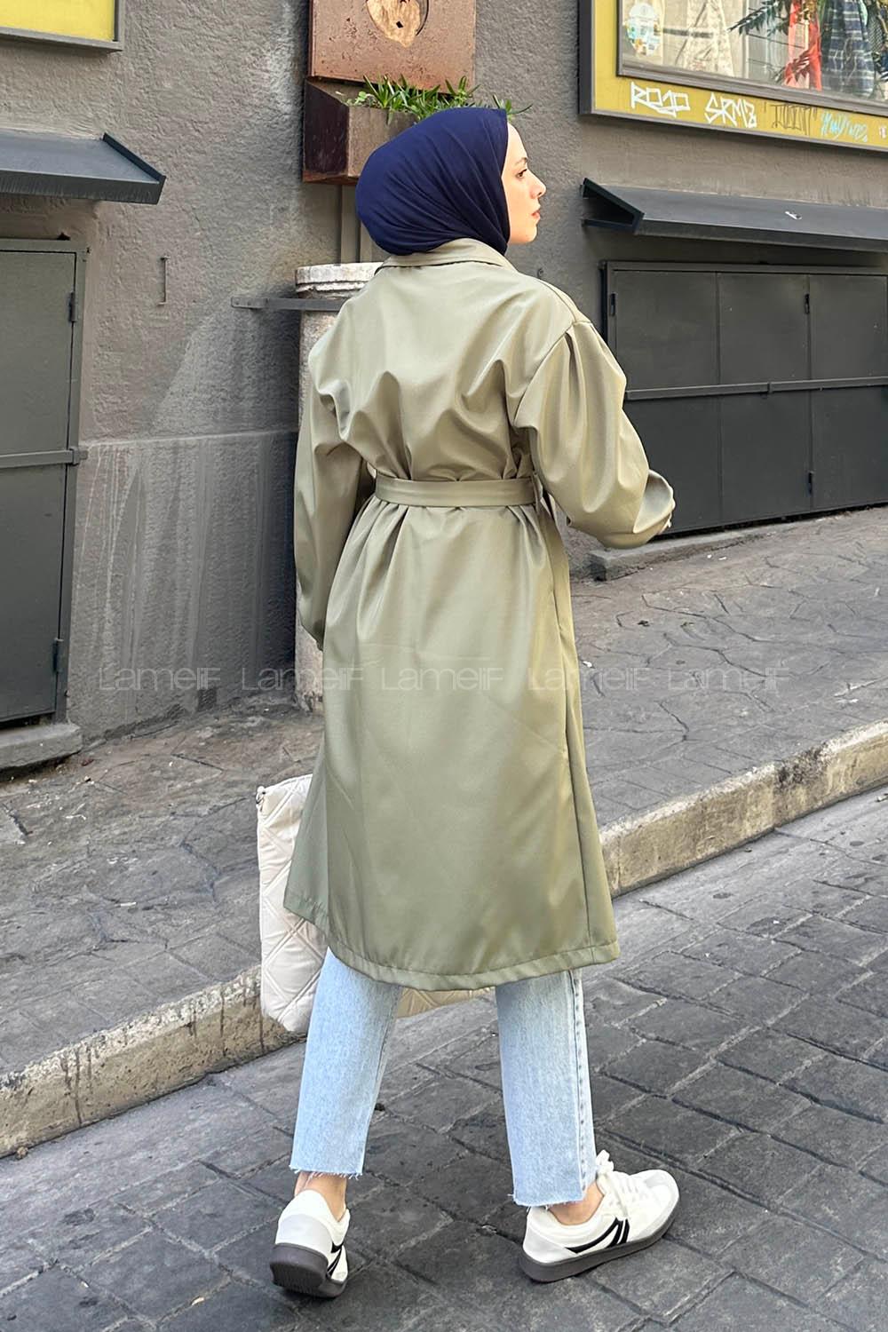Lamelif  Kol Elastik Detaylı Trençkot Haki