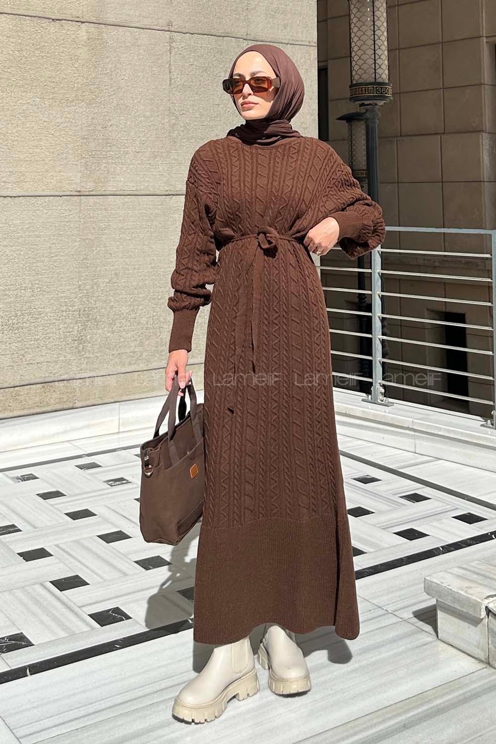 Lamelif Saç Örgü Triko Tesettür Elbise Acı Kahve