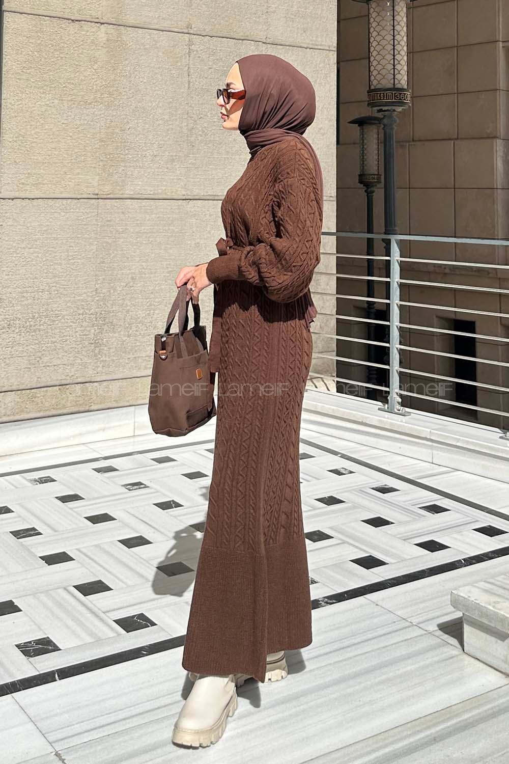 Lamelif Saç Örgü Triko Tesettür Elbise Acı Kahve