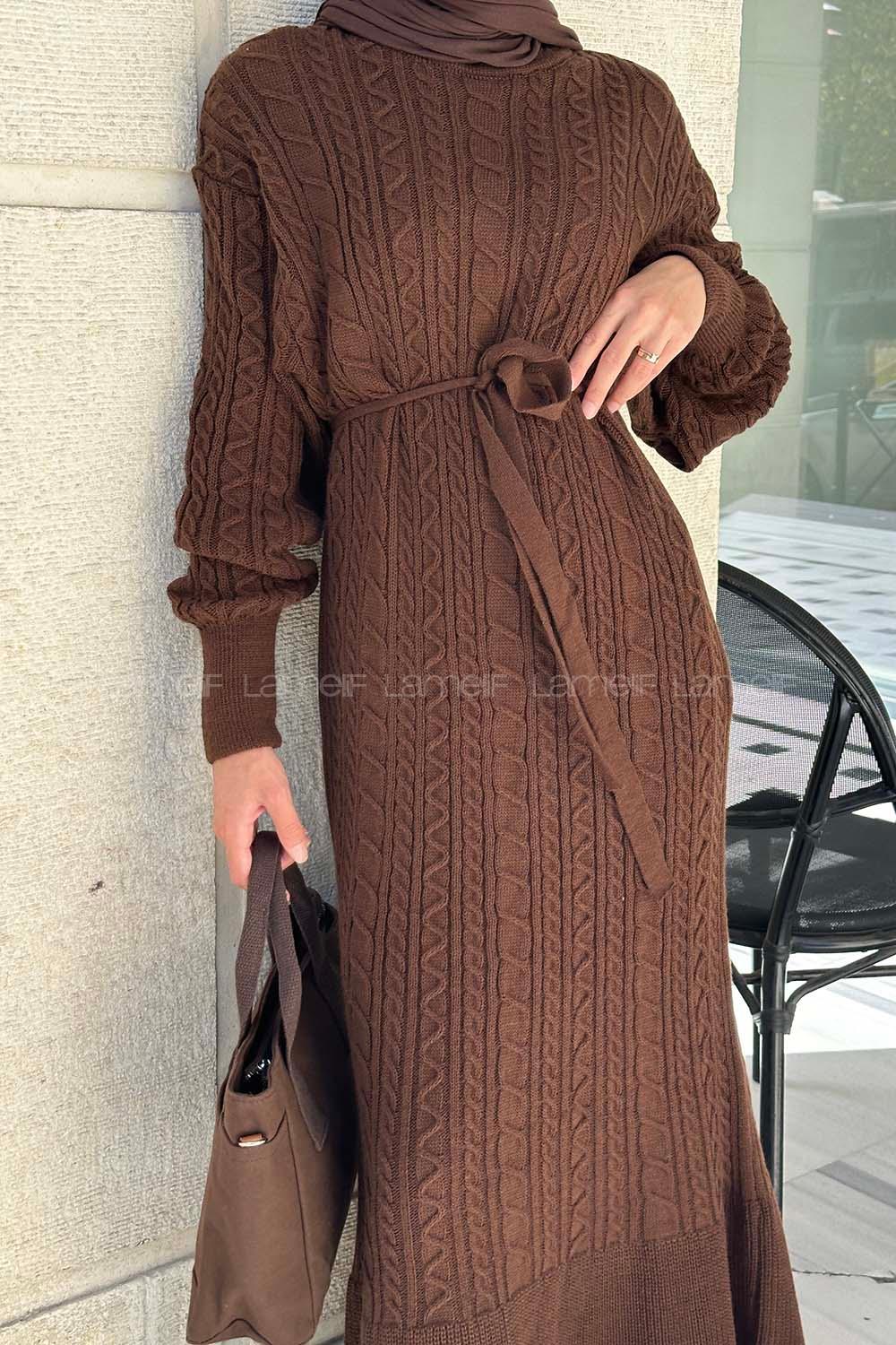 Lamelif Saç Örgü Triko Tesettür Elbise Acı Kahve