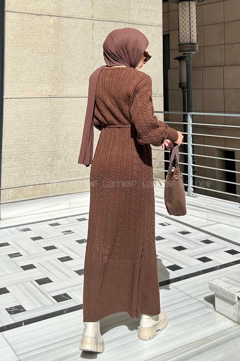 Lamelif Saç Örgü Triko Tesettür Elbise Acı Kahve