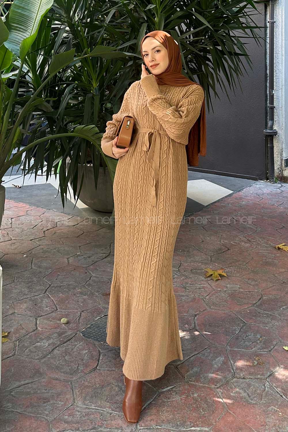 Brown With Milk Crew Neck Knitwear Dresess