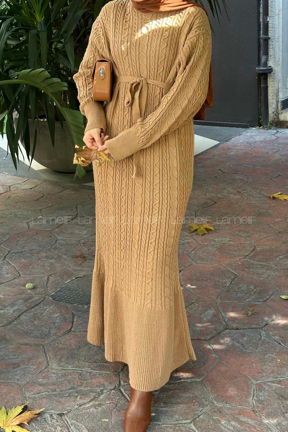 Brown With Milk Crew Neck Knitwear Dresess