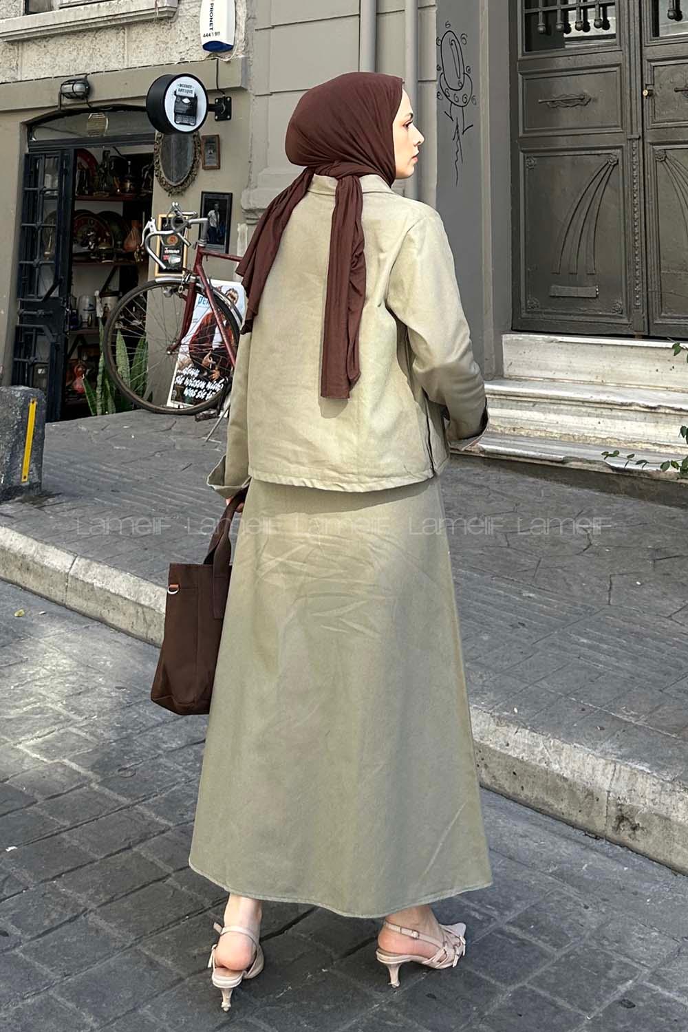 Lamelif Cep Detaylı İkili Etek  Tesettür Takım Haki