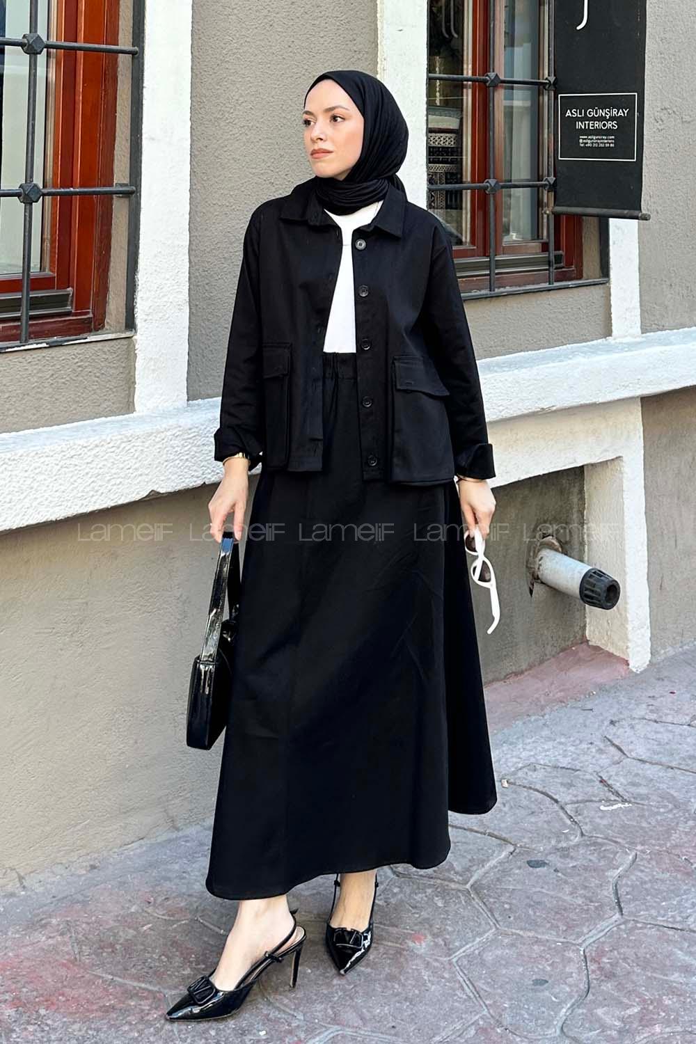 Lamelif Cep Detaylı İkili Etek  Tesettür Takım Siyah