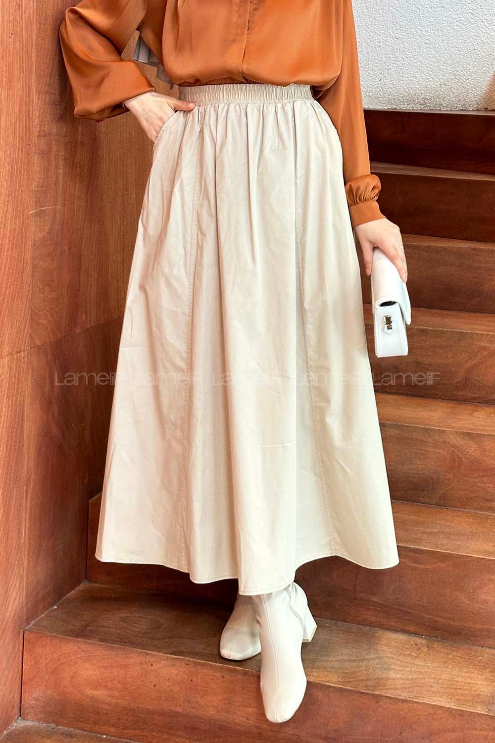Sand Beige Linen Unprinted Flare Skirt