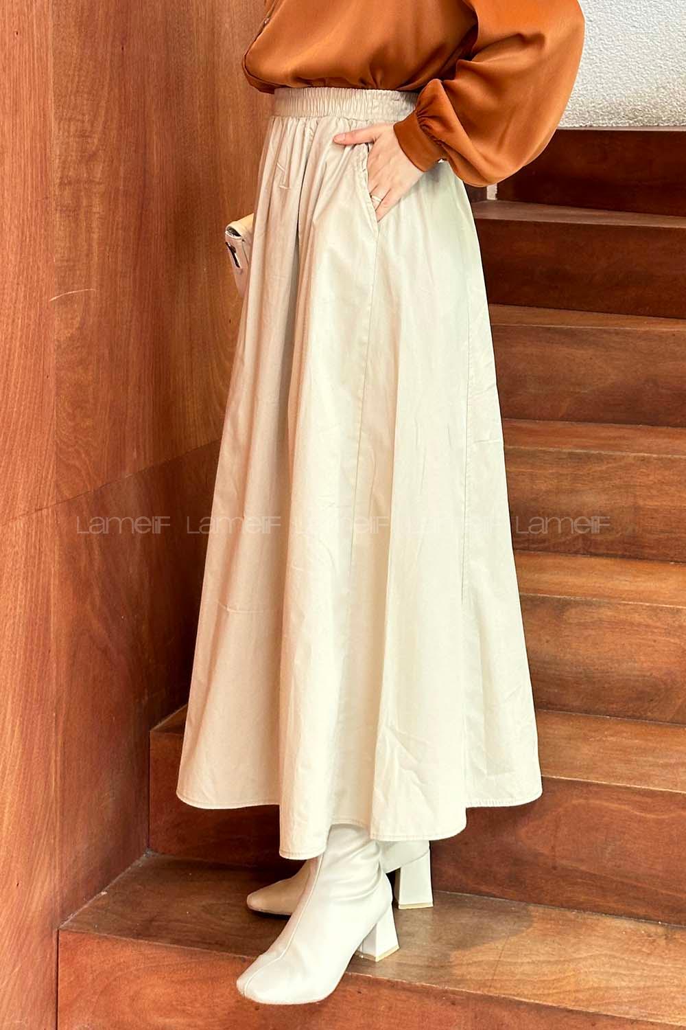 Sand Beige Linen Unprinted Flare Skirt