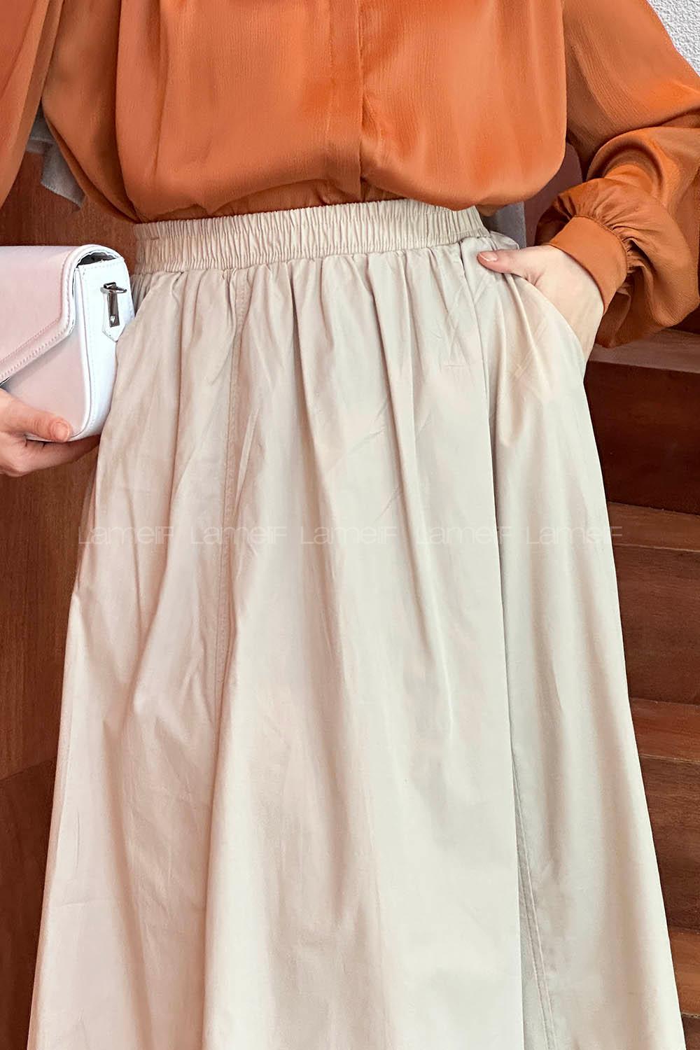 Sand Beige Linen Unprinted Flare Skirt