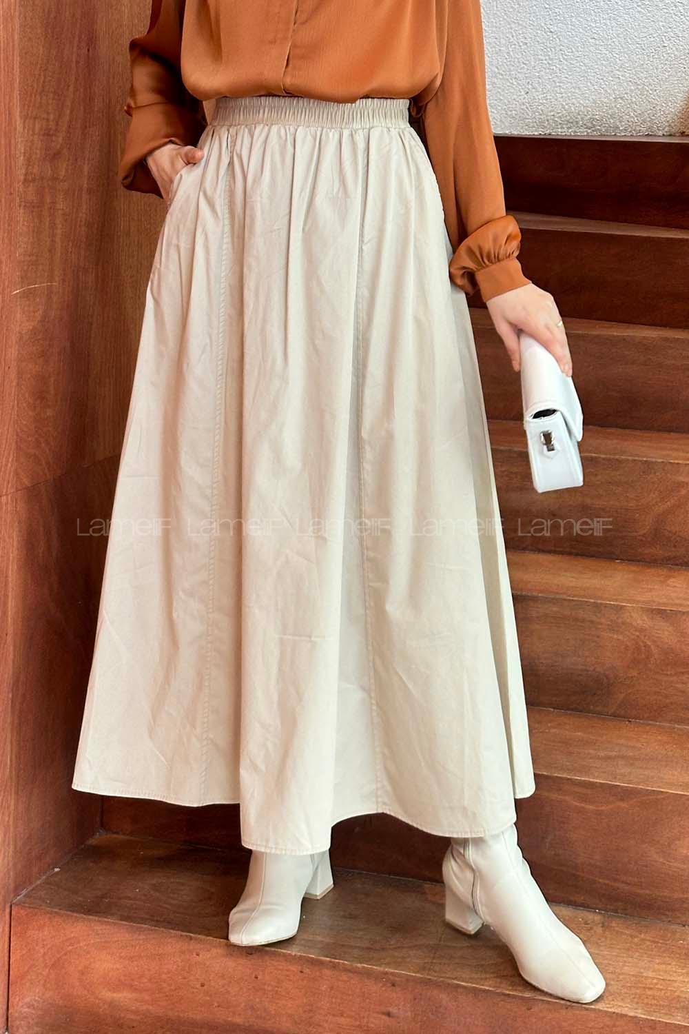 Sand Beige Linen Unprinted Flare Skirt
