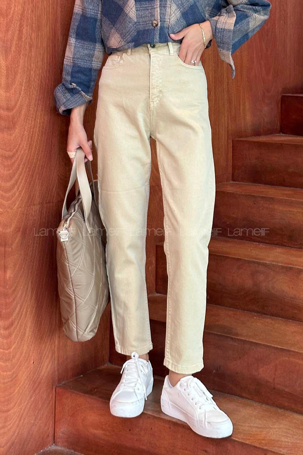 Beige Denim High Waist Denim Pants