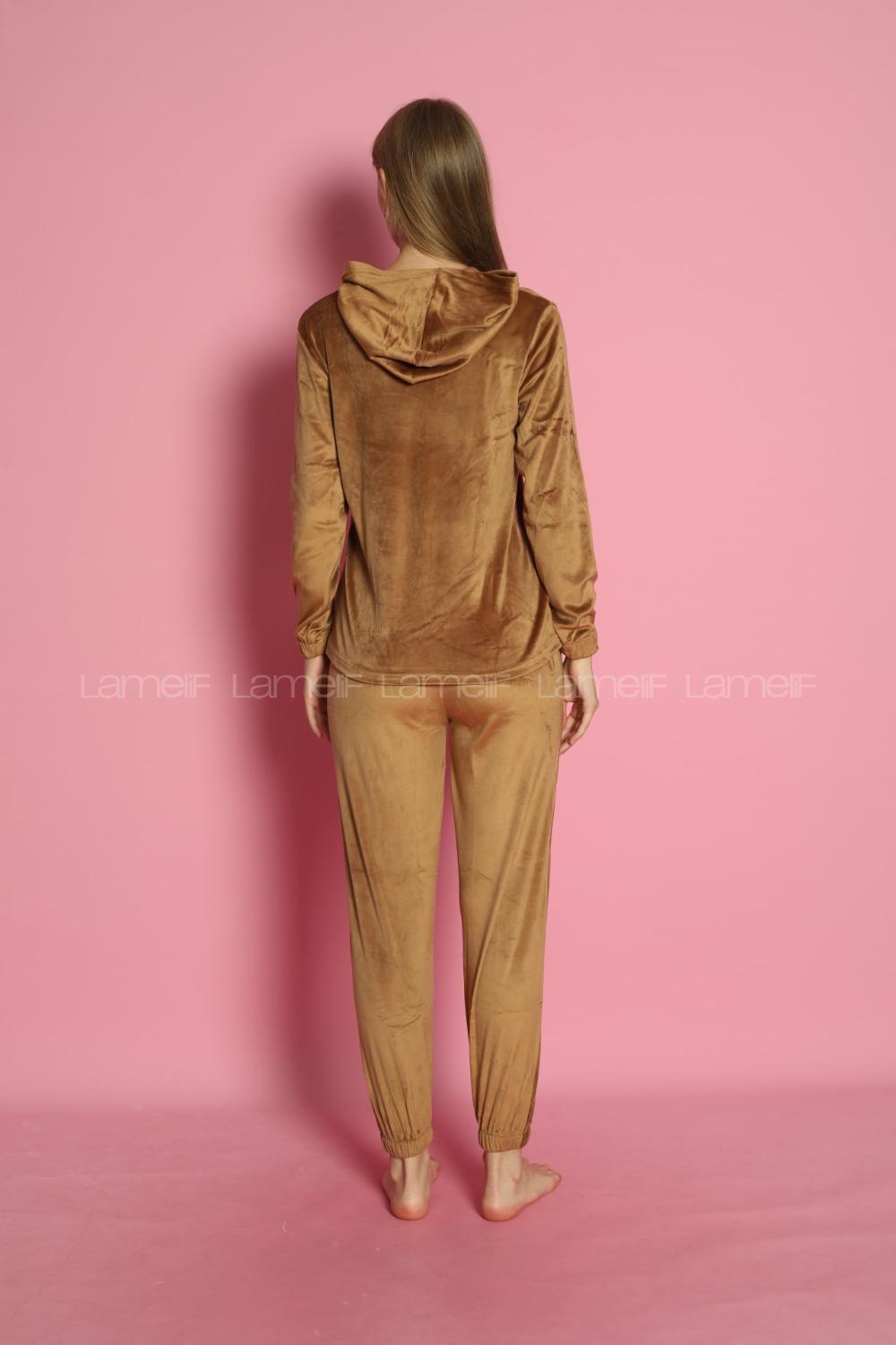 Lamelif Frans Kadife Kumaş Kapişonlu Pijama Takım Seti Camel