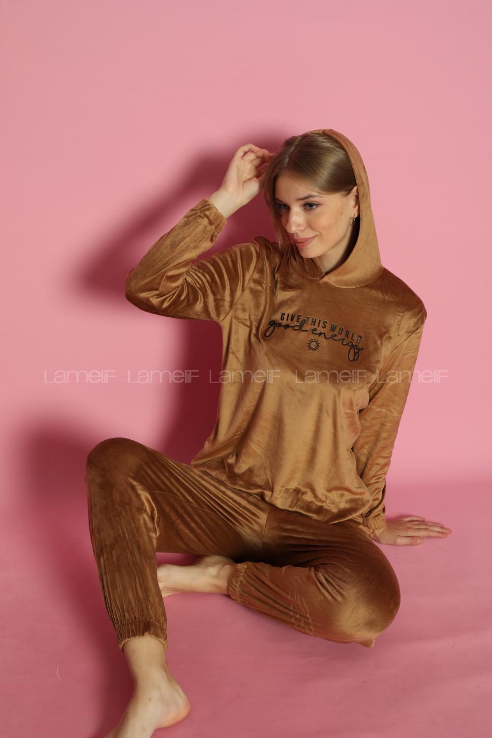 Lamelif Frans Kadife Kumaş Kapişonlu Pijama Takım Seti Camel