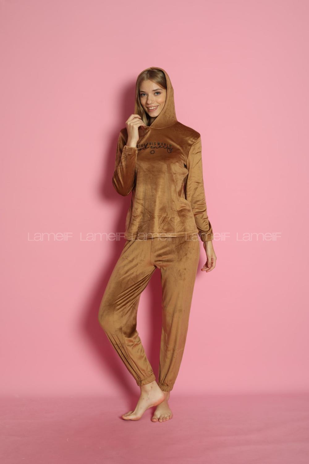 Lamelif Frans Kadife Kumaş Kapişonlu Pijama Takım Seti Camel