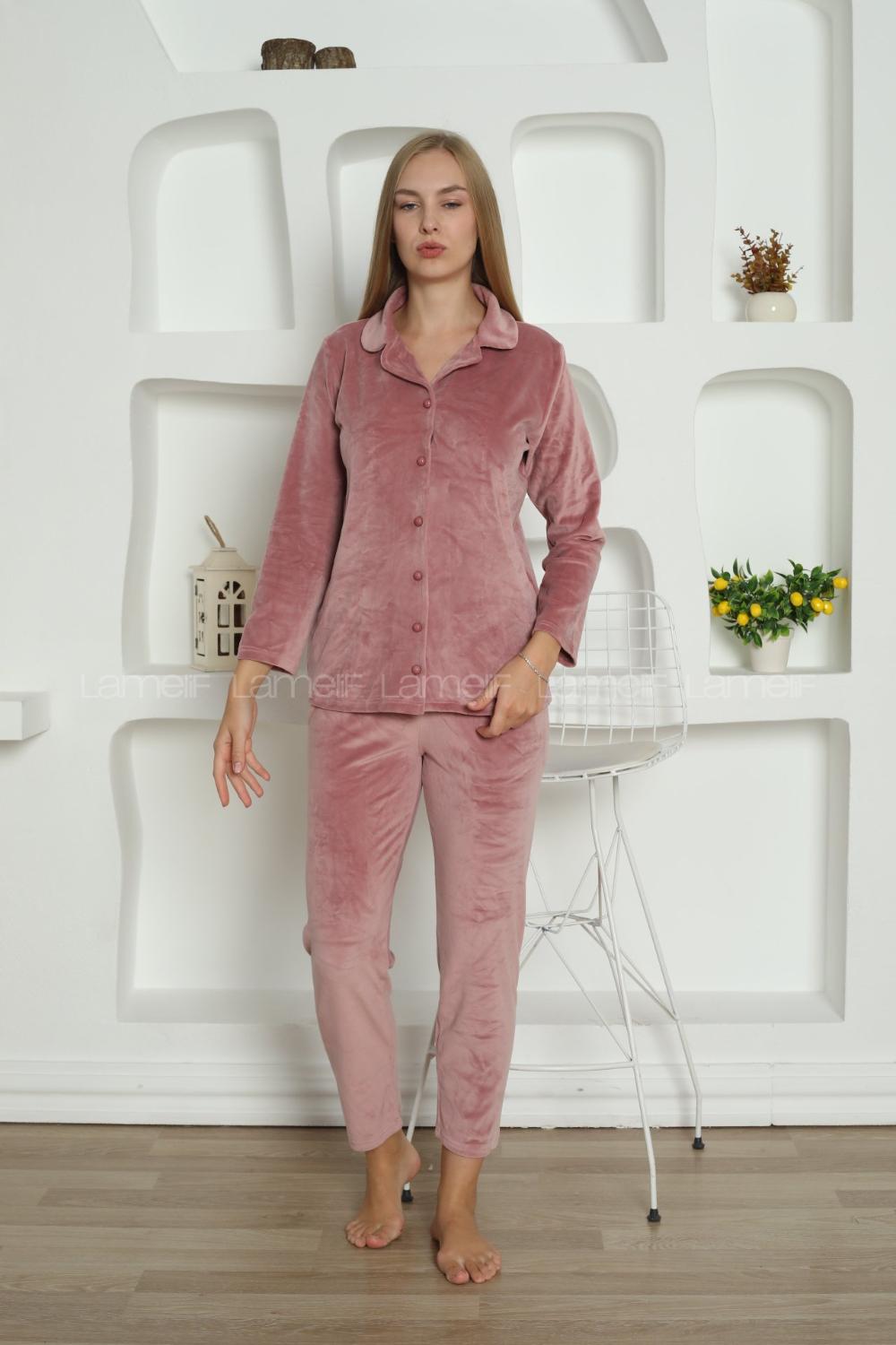 Lamelif Frans Kadife Kumaş Pijama Takım Seti Gül Kurusu