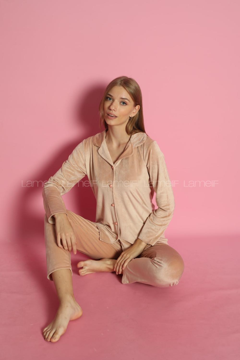 Lamelif Frans Kadife Kumaş Pijama Takım Seti Pudra