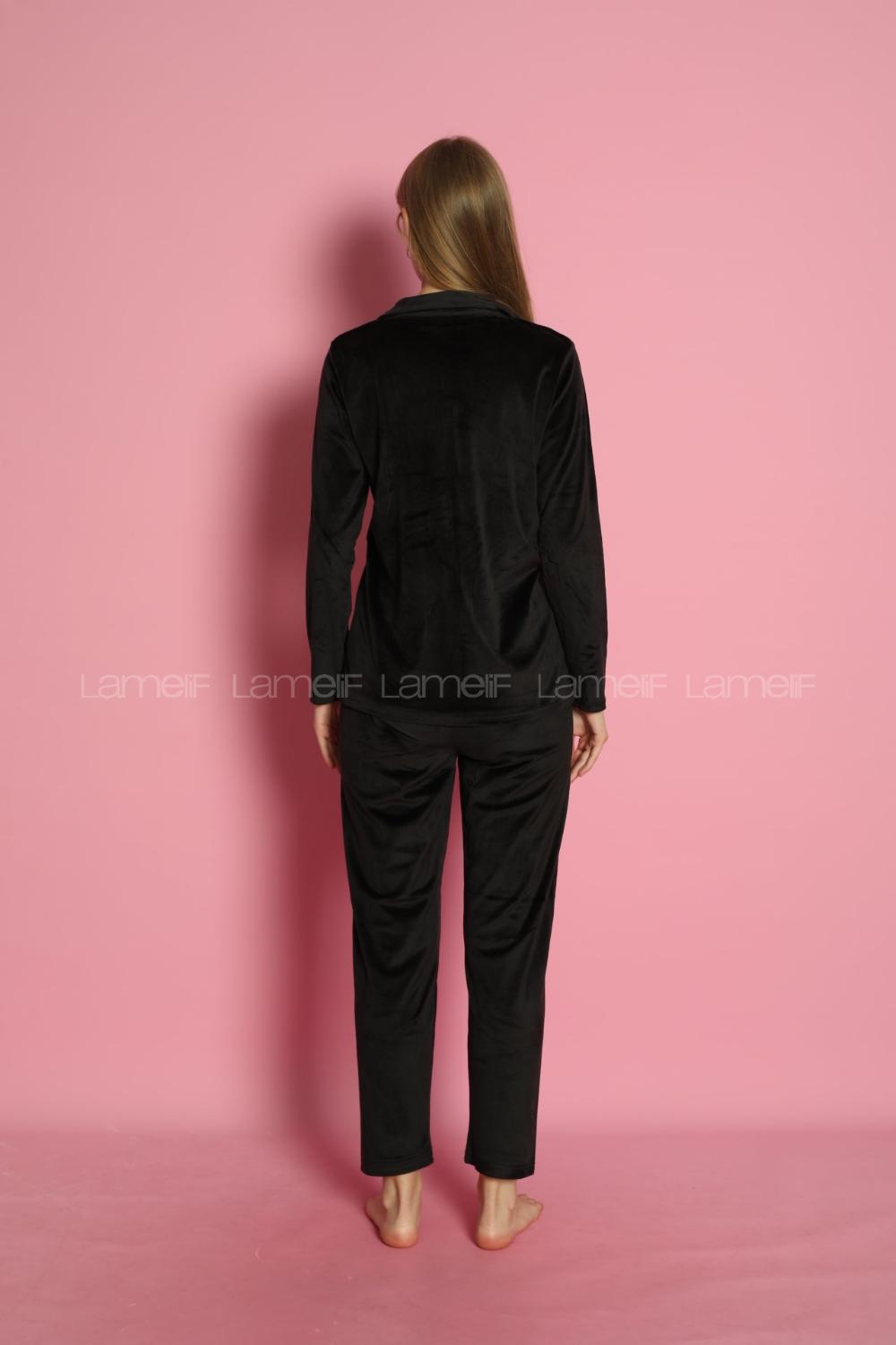 Lamelif Frans Kadife Kumaş Pijama Takım Seti Siyah