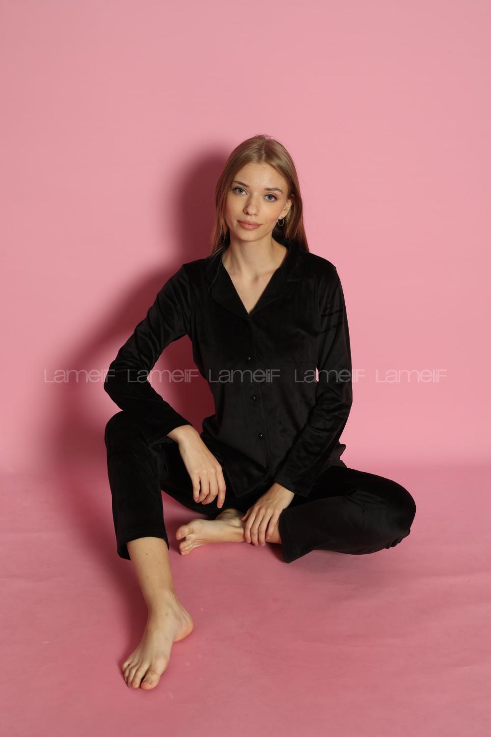 Lamelif Frans Kadife Kumaş Pijama Takım Seti Siyah