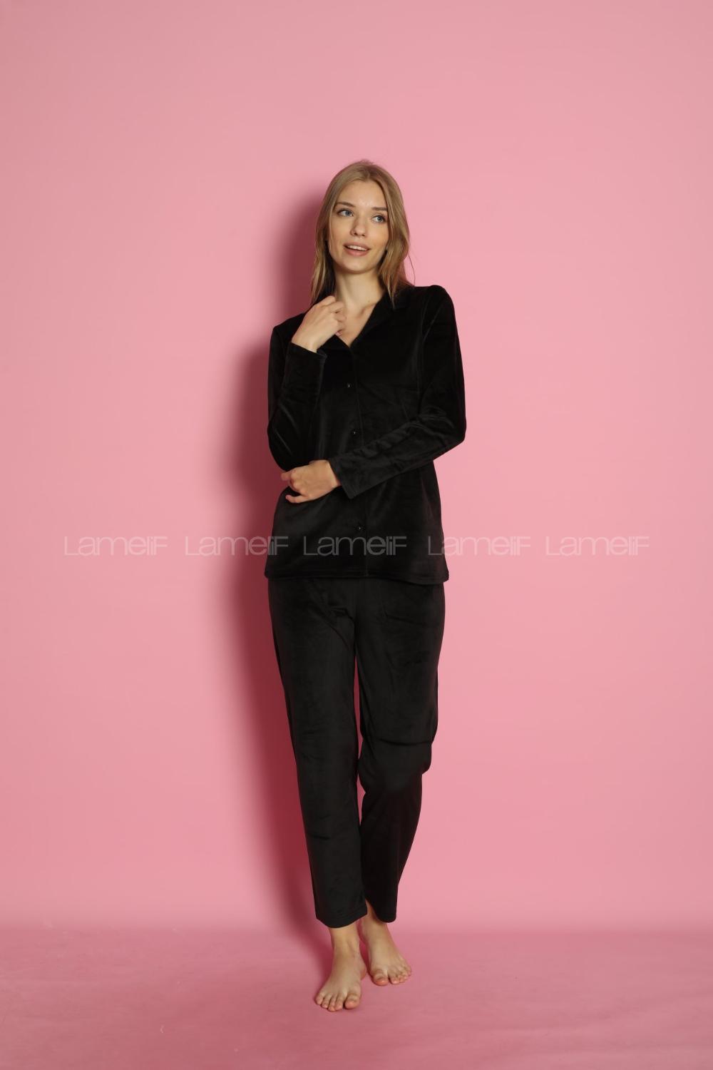 Lamelif Frans Kadife Kumaş Pijama Takım Seti Siyah