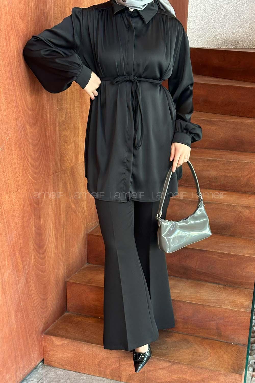 Lamelif Gizli Patlı Krinkıl Gömlek Siyah