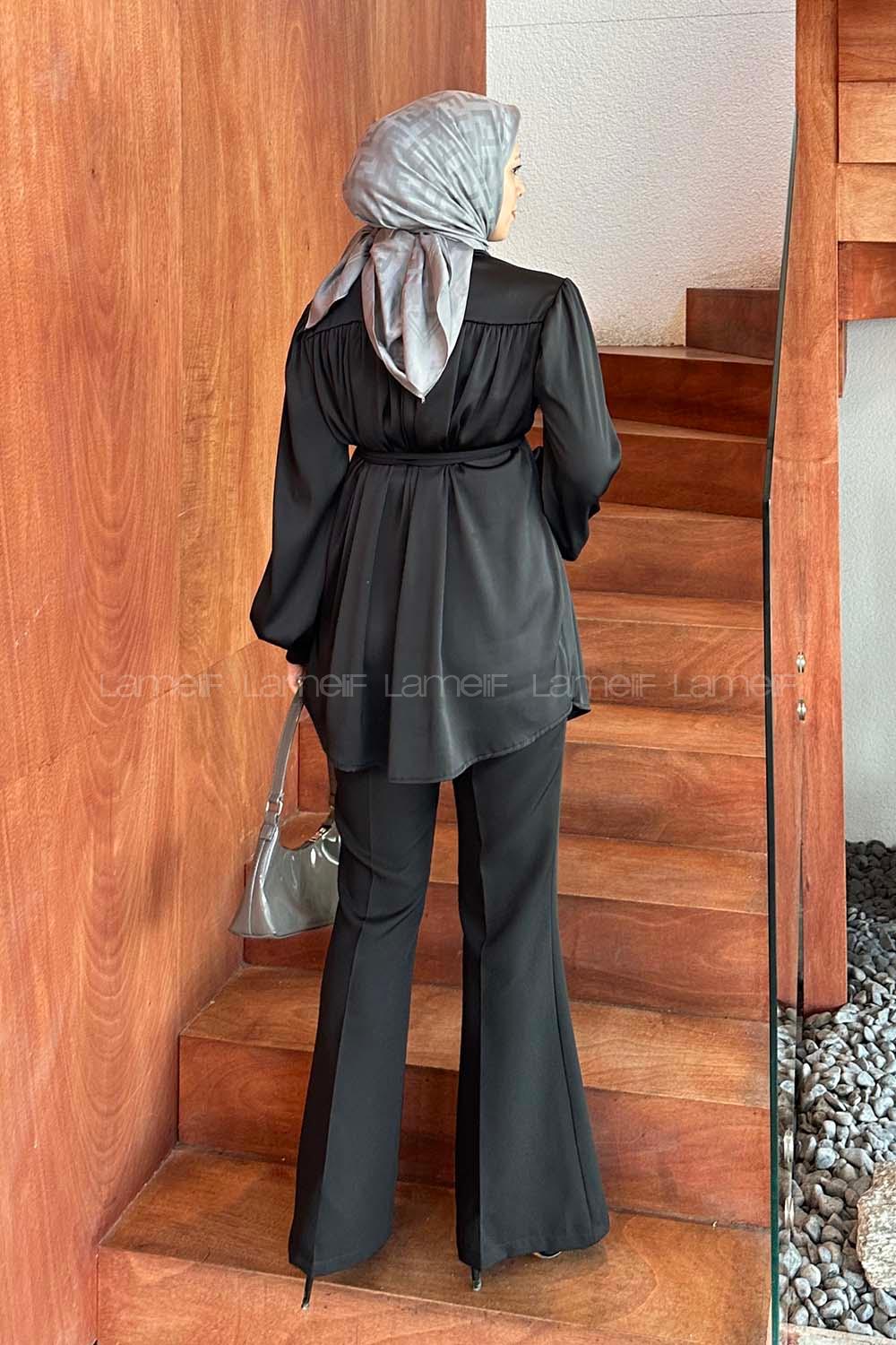 Lamelif Gizli Patlı Krinkıl Gömlek Siyah