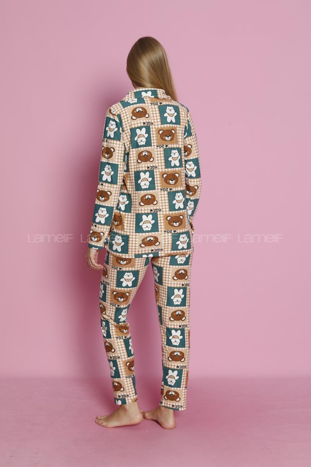 Lamelif Kedi Desenli Süet Kumaş Pijama Takım Seti