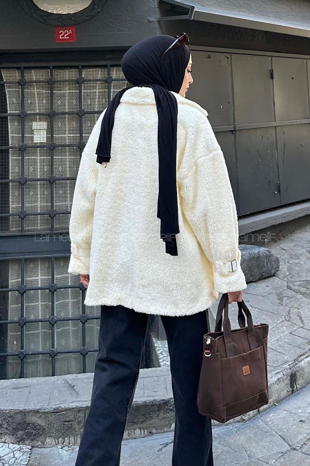 Cream Shirt Collar Long Arm Cotton Coat