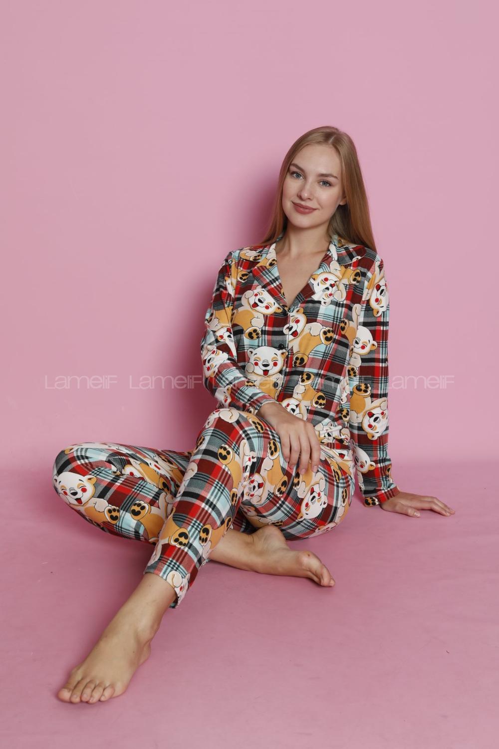 Lamelif Köpek Desenli Süet Kumaş Pijama Takım Seti