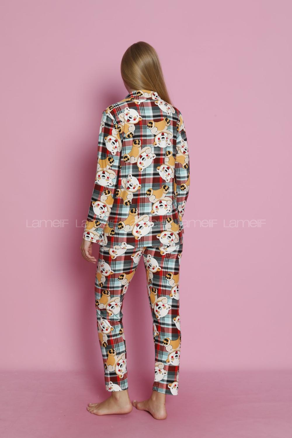 Lamelif Köpek Desenli Süet Kumaş Pijama Takım Seti