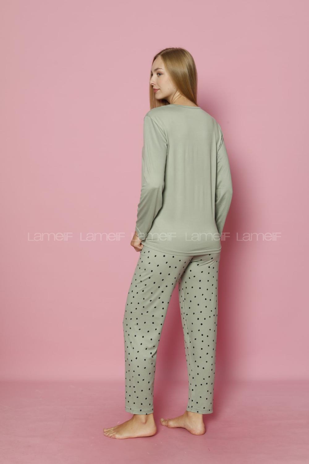 Lamelif Puantiye Desenli Milan Kumaş Pijama Takım Seti Mint Yeşili