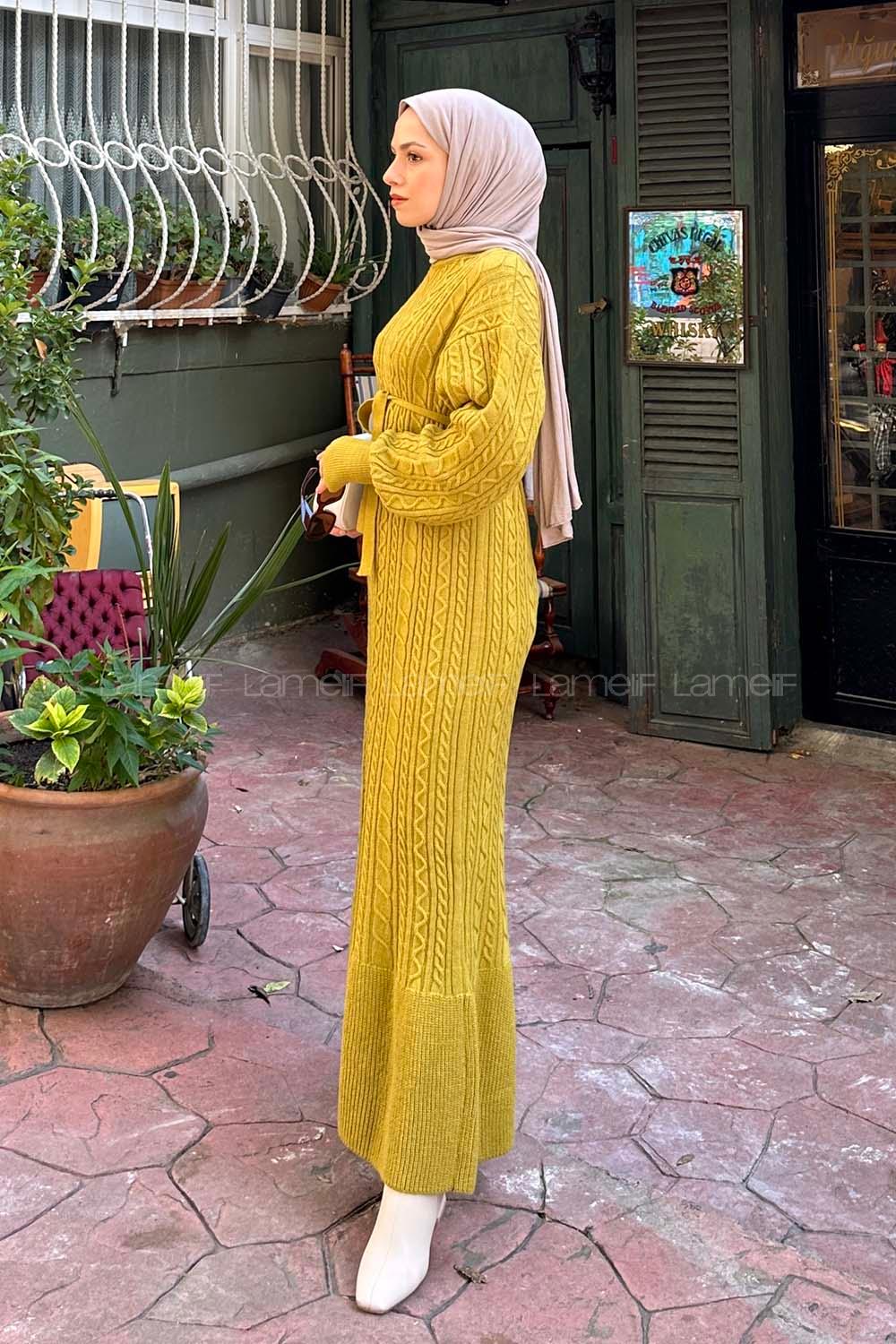 Oil Green Crew Neck Knitwear Dresess