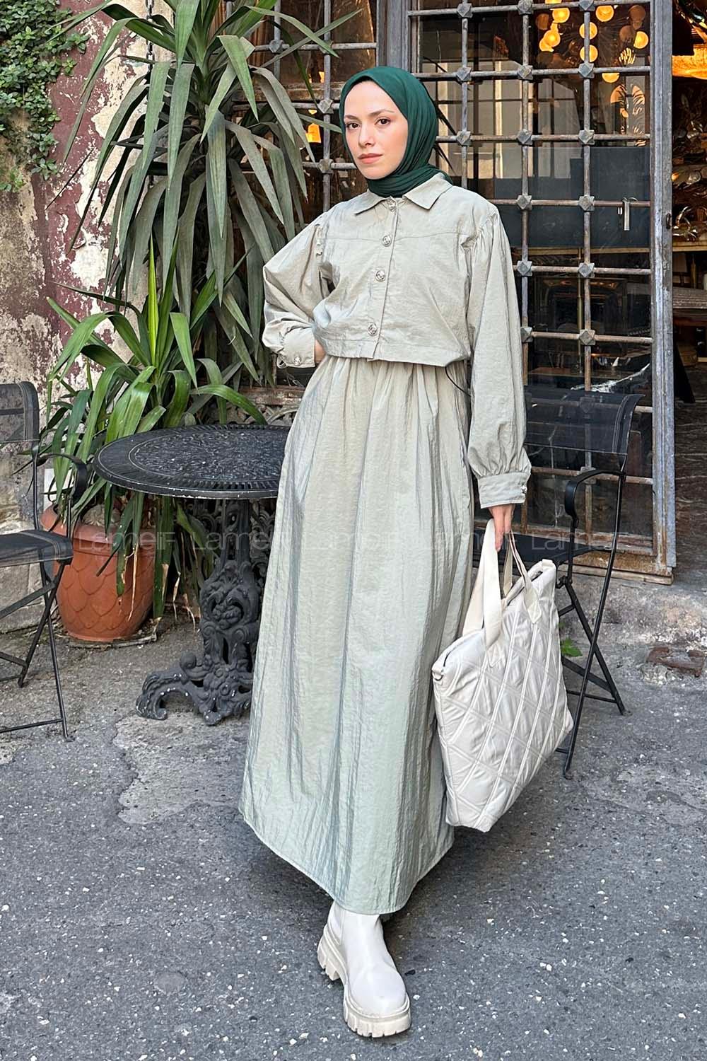 Lamelif Üst Ceket Jile Tesettür Takım Çağla Yeşili