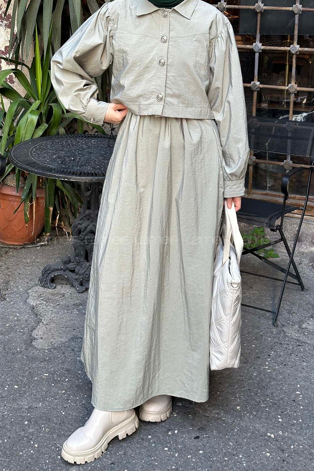 Lamelif Üst Ceket Jile Tesettür Takım Çağla Yeşili