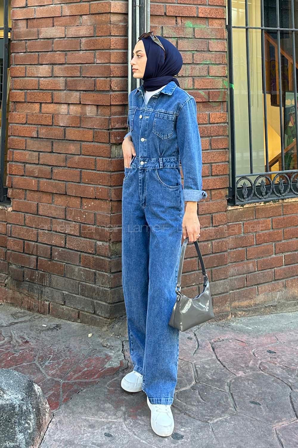 Lamelif Uzun Kollu Kot Tulum Kot Mavisi