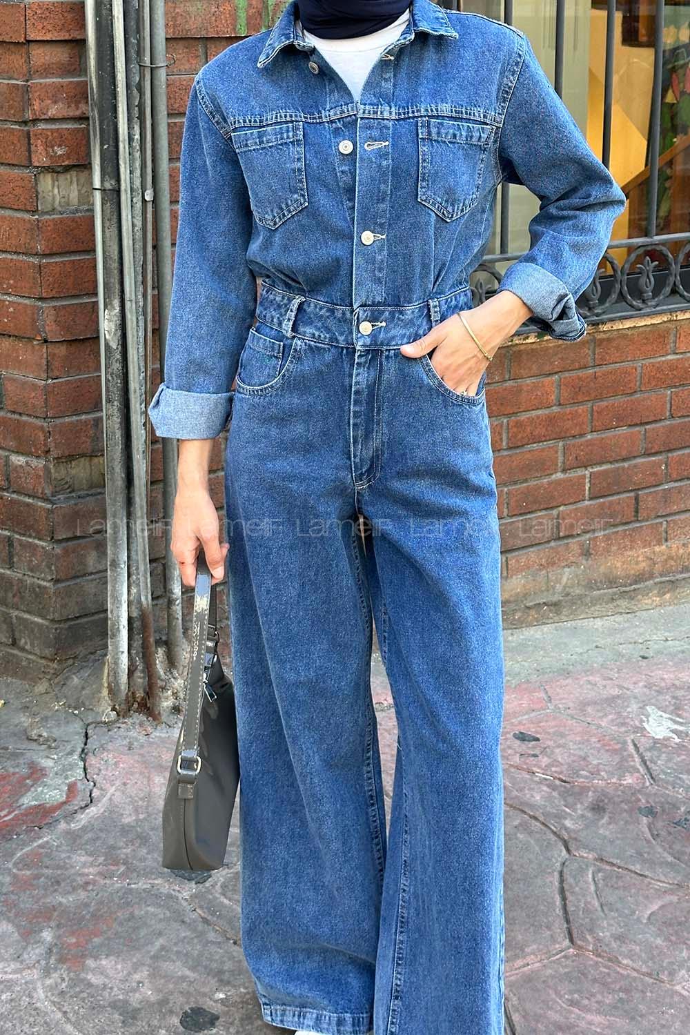 Lamelif Uzun Kollu Kot Tulum Kot Mavisi