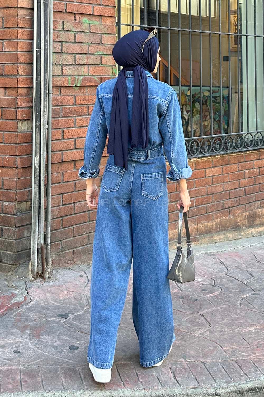 Lamelif Uzun Kollu Kot Tulum Kot Mavisi