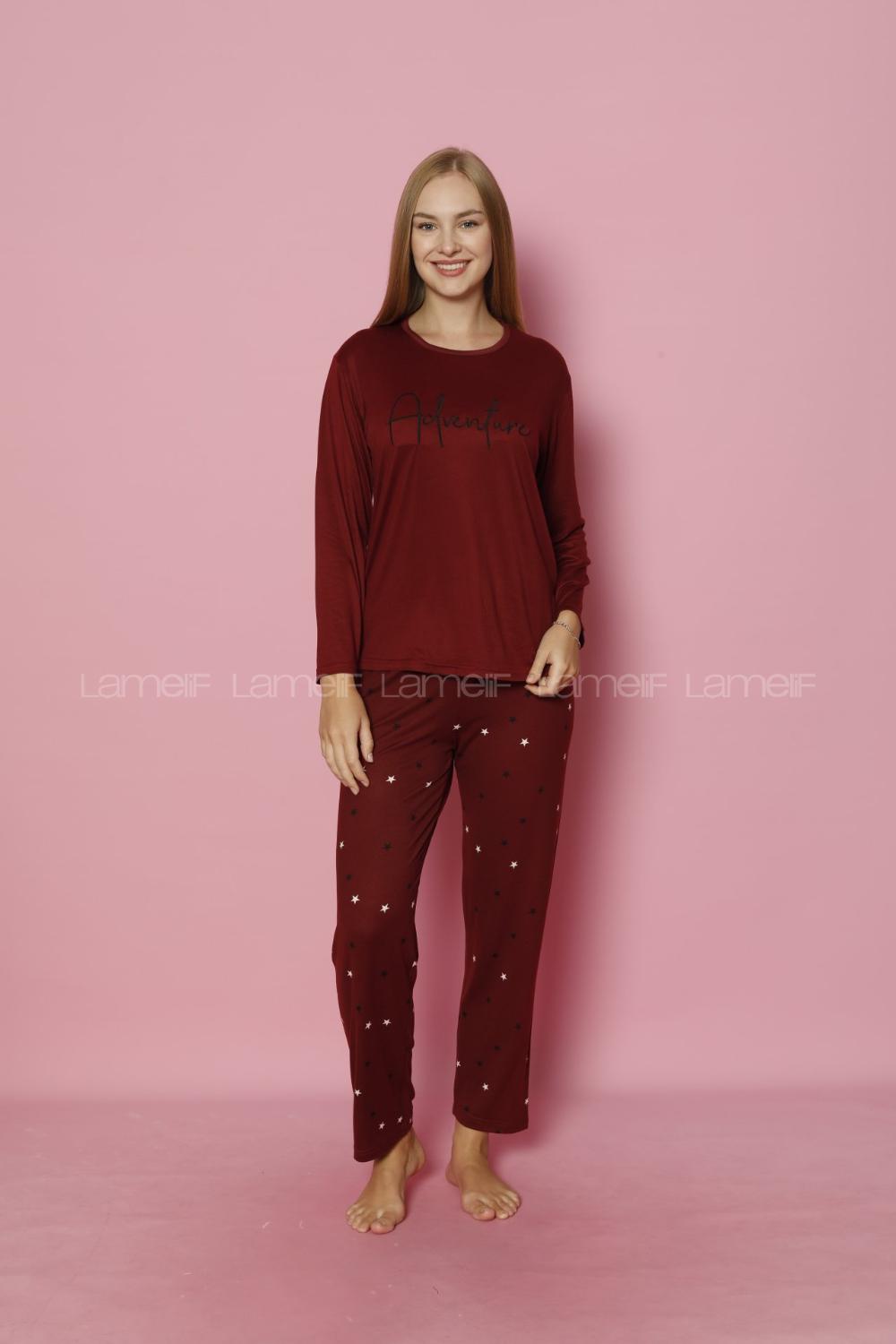 Lamelif Yıldız Desenli Milan Kumaş Pijama Takım Seti Bordo