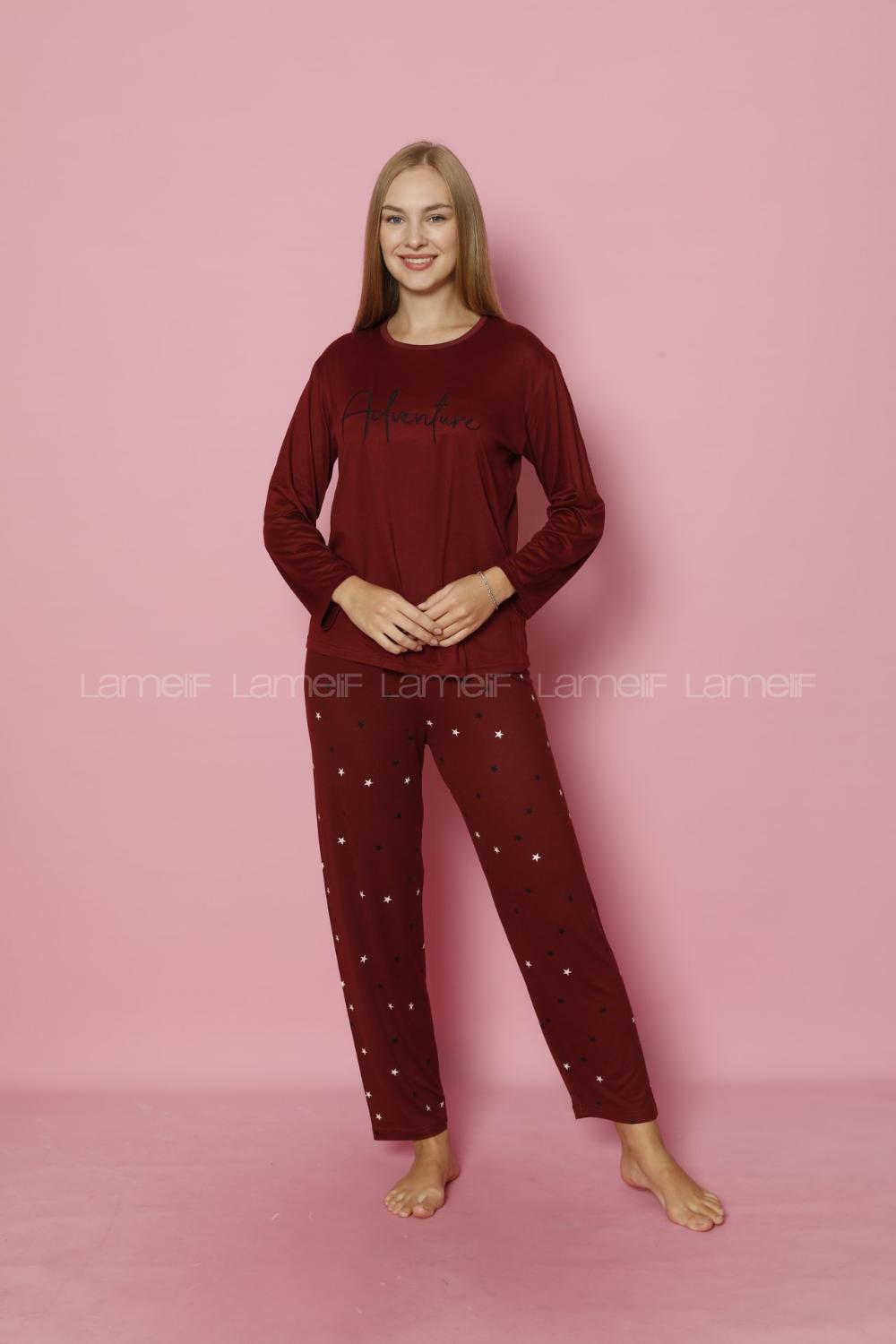 Lamelif Yıldız Desenli Milan Kumaş Pijama Takım Seti Bordo