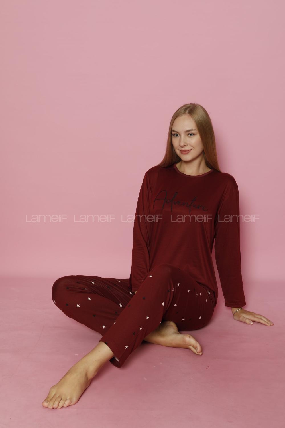 Lamelif Yıldız Desenli Milan Kumaş Pijama Takım Seti Bordo