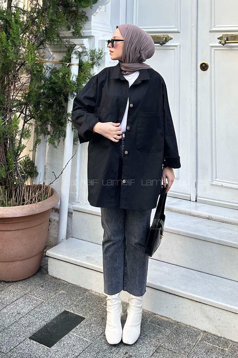 Lamelif Çift Cepli Önü Boydan Düğmeli Gömlek Siyah