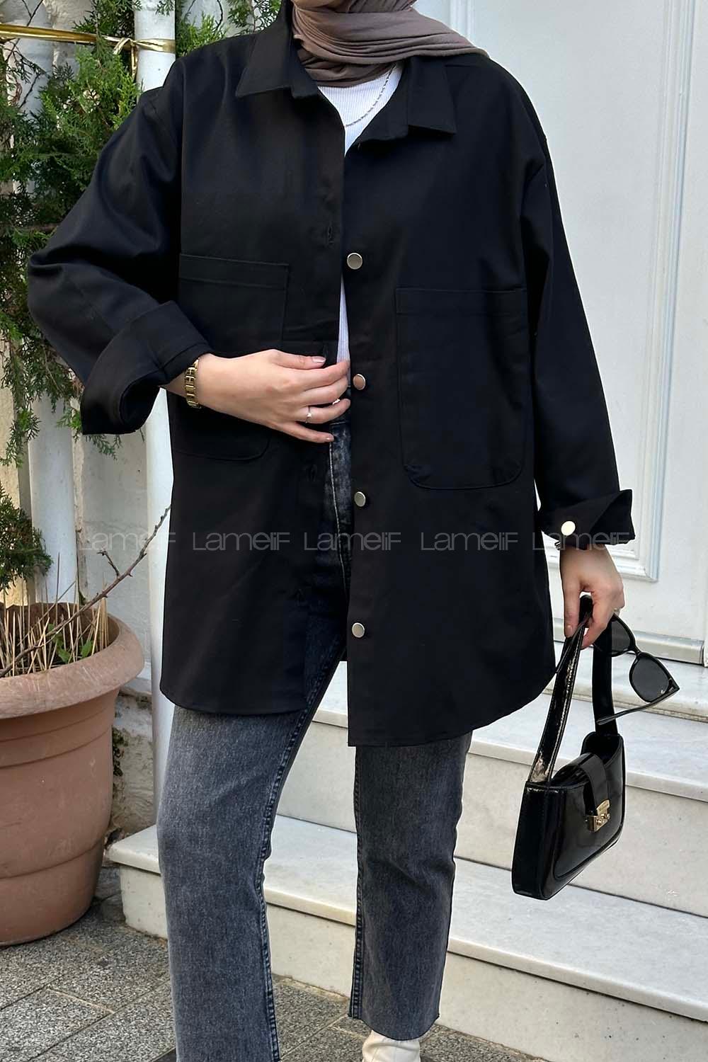 Lamelif Çift Cepli Önü Boydan Düğmeli Gömlek Siyah