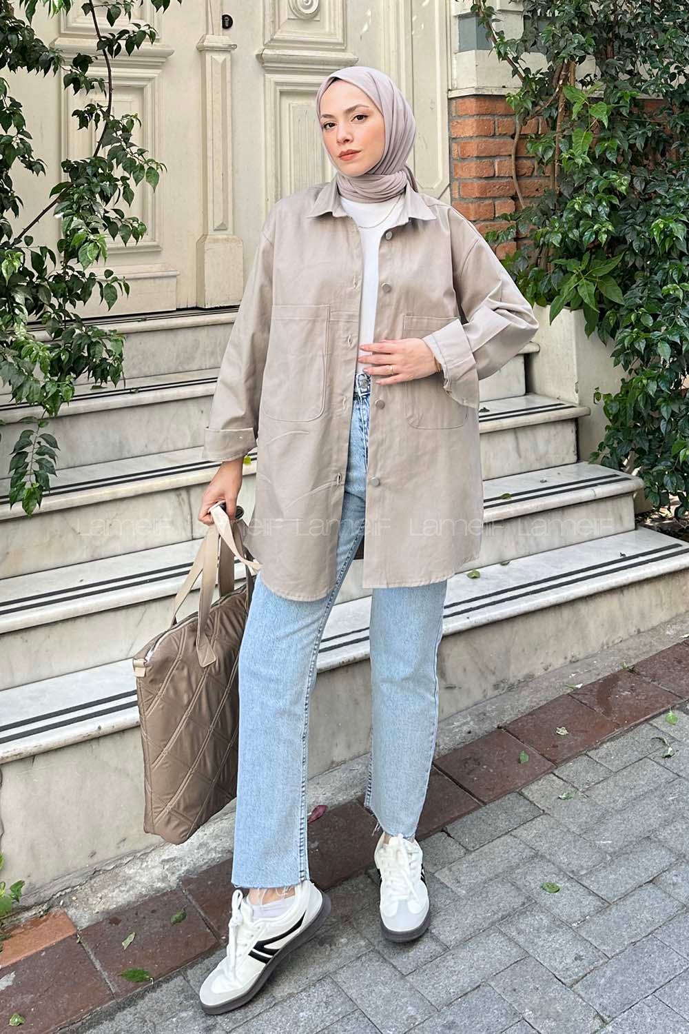 Lamelif Çift Cepli Önü Boydan Düğmeli Gömlek Taş