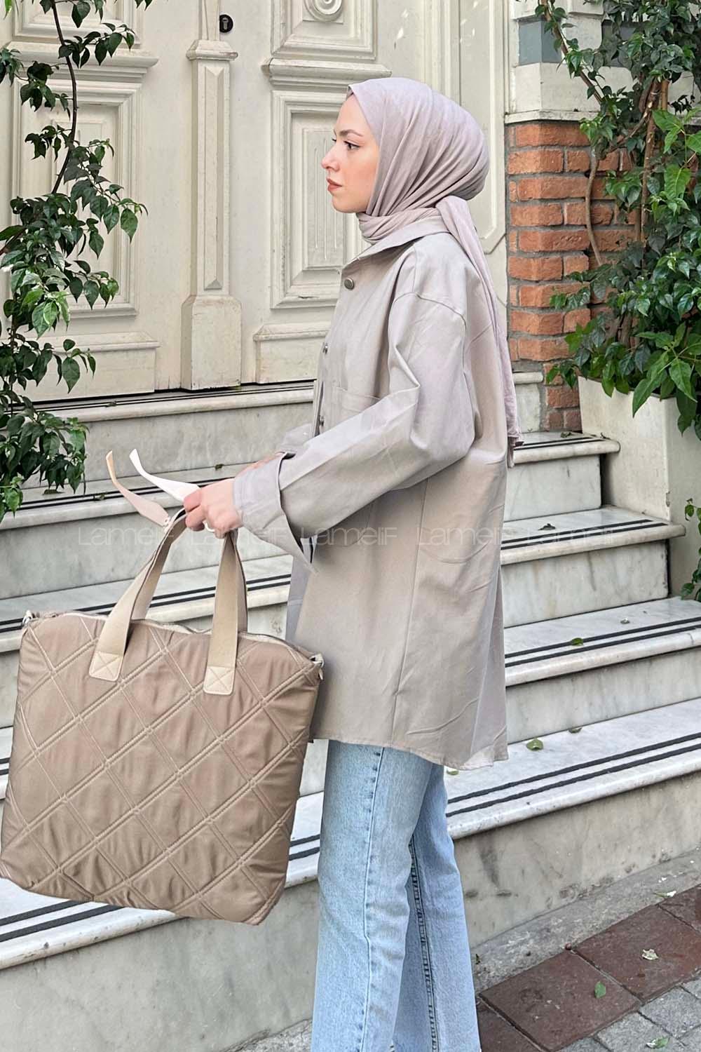 Lamelif Çift Cepli Önü Boydan Düğmeli Gömlek Taş