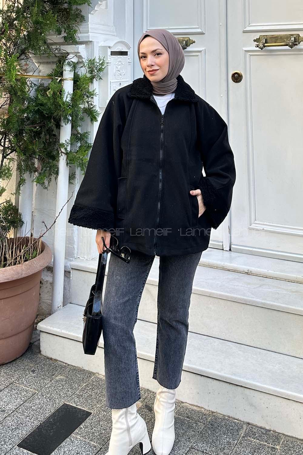 Lamelif Gömlek Yaka Düşük Omuz Kürk Detaylı Mont Siyah