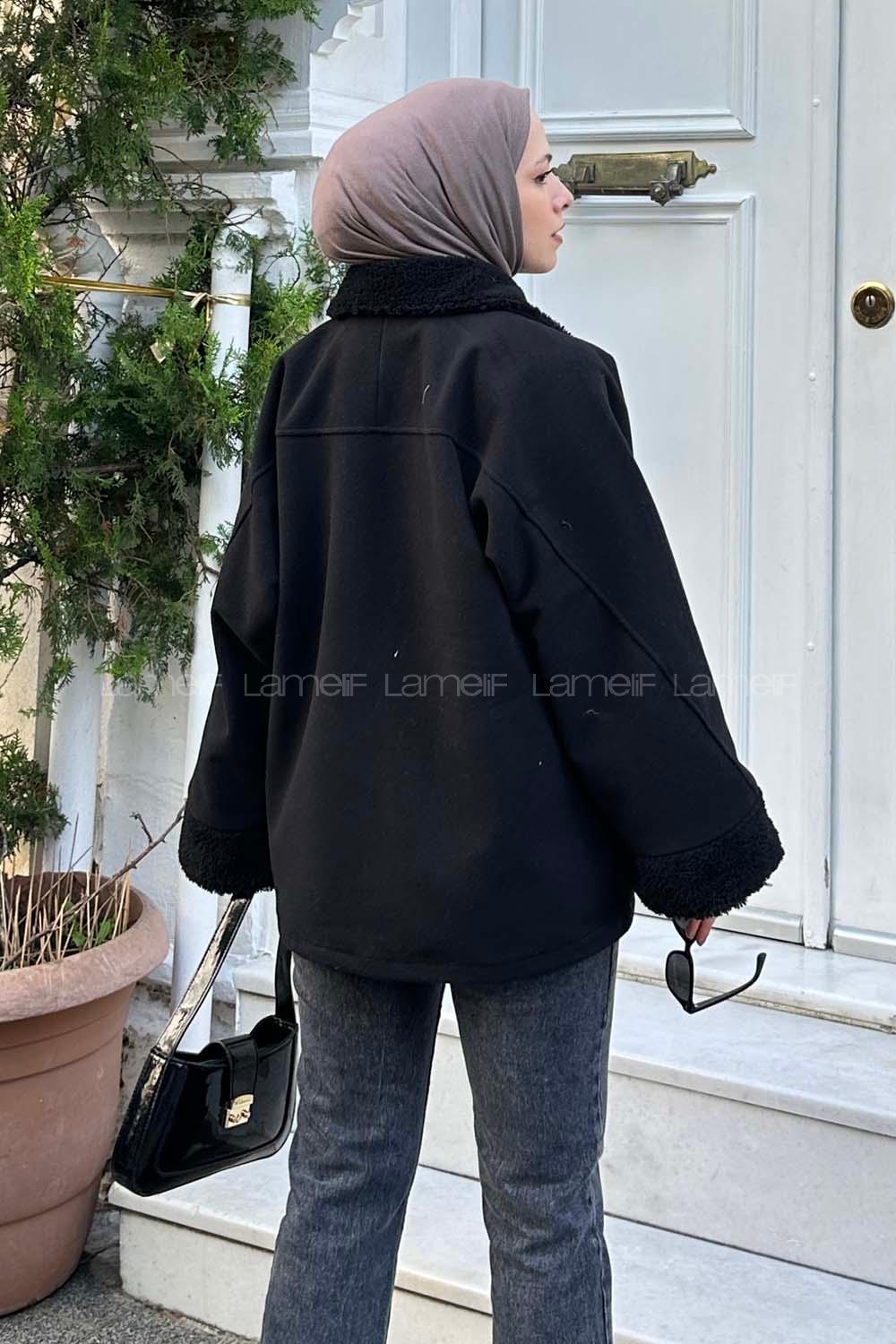 Lamelif Gömlek Yaka Düşük Omuz Kürk Detaylı Mont Siyah