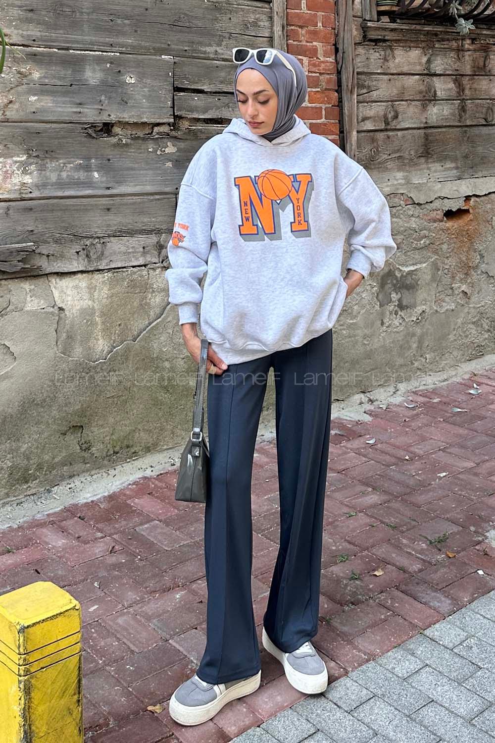Lamelif Kapşon Detaylı New York Baskılı Sweatshirt Açık Gri