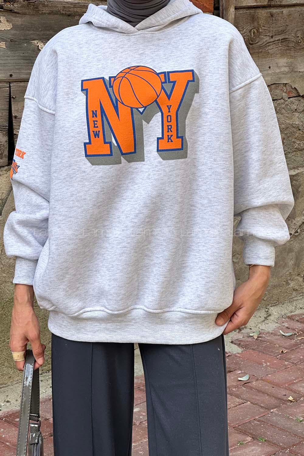 Lamelif Kapşon Detaylı New York Baskılı Sweatshirt Açık Gri