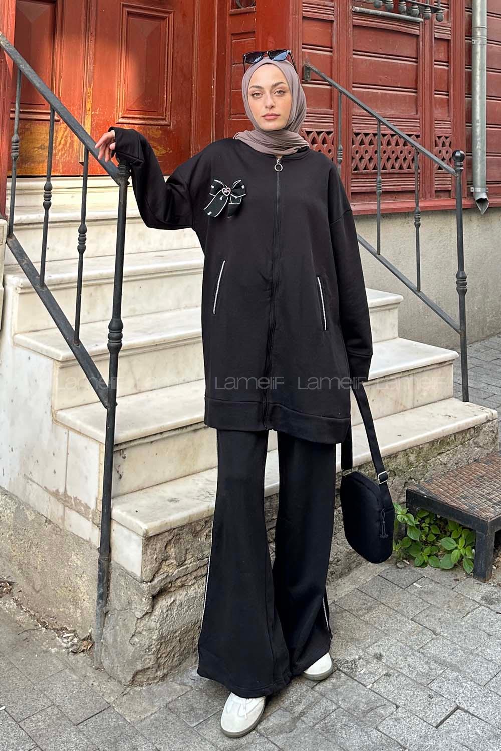 Lamelif MIU Kurdeleli Fermuarlı İkili Tesettür Takım Siyah