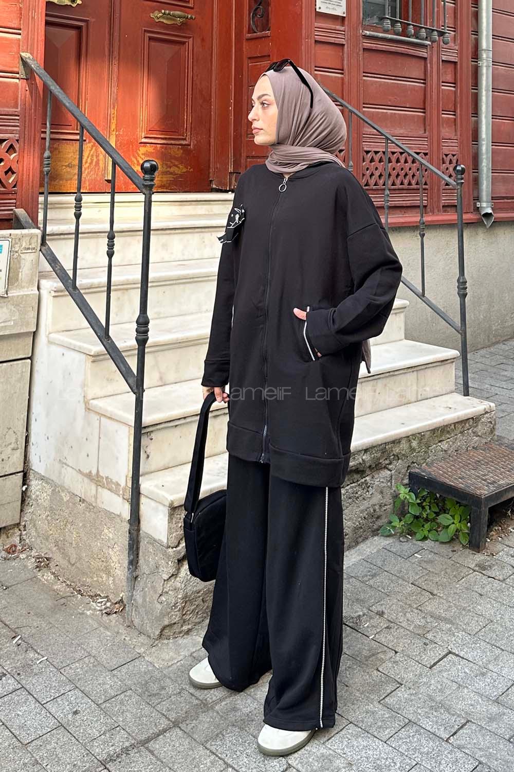 Lamelif MIU Kurdeleli Fermuarlı İkili Tesettür Takım Siyah