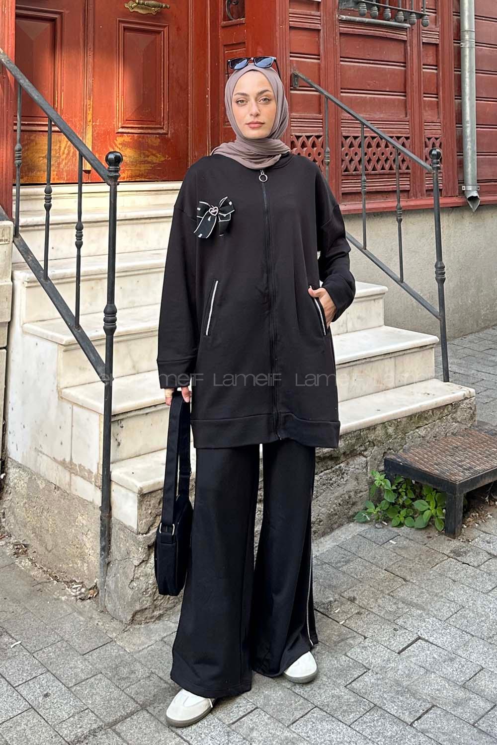 Lamelif MIU Kurdeleli Fermuarlı İkili Tesettür Takım Siyah